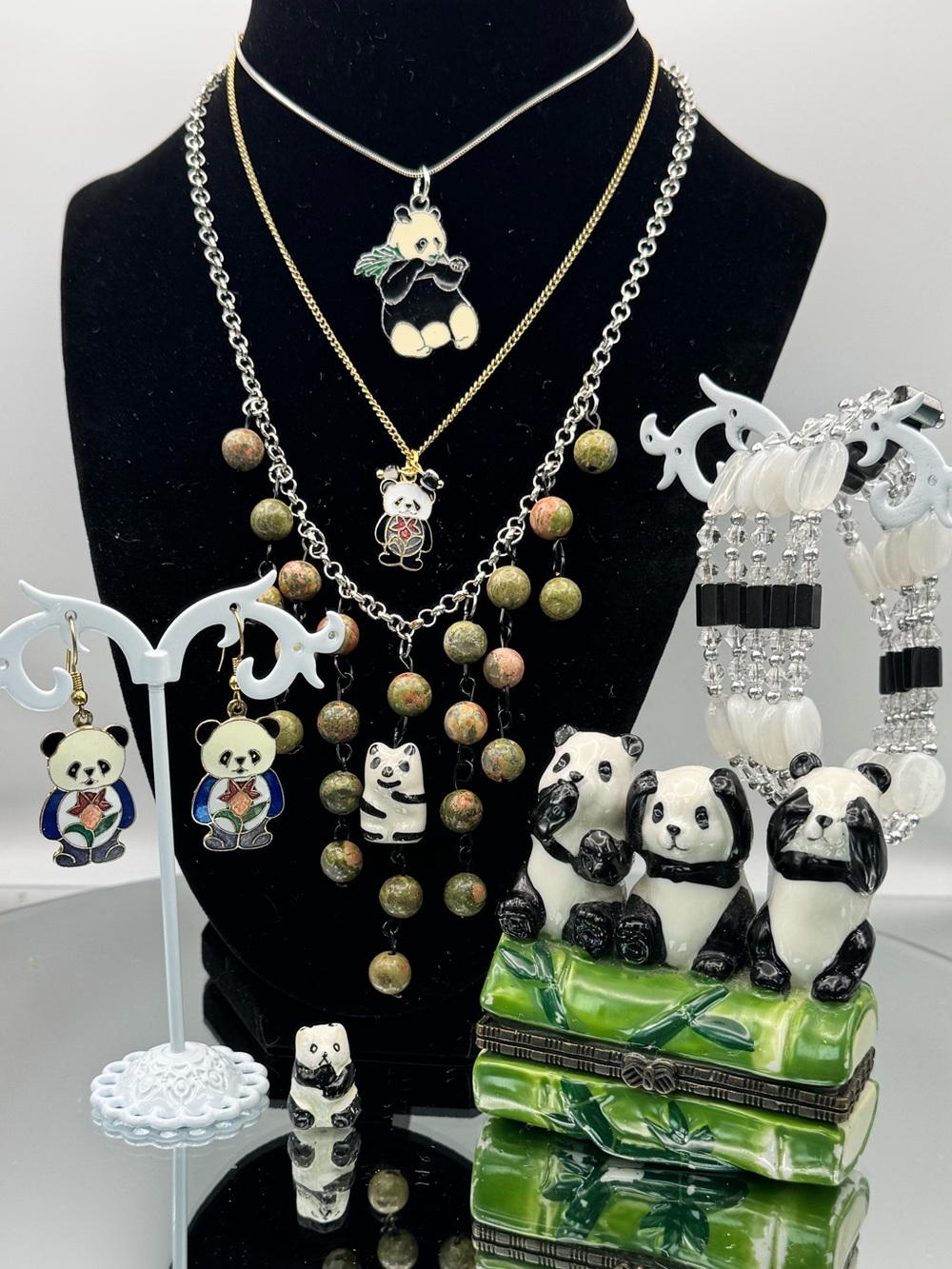 Panda 🐼 Lot - Cloisonné Earring, 3 Necklaces, Bracelet, Trinket Box & Figurine